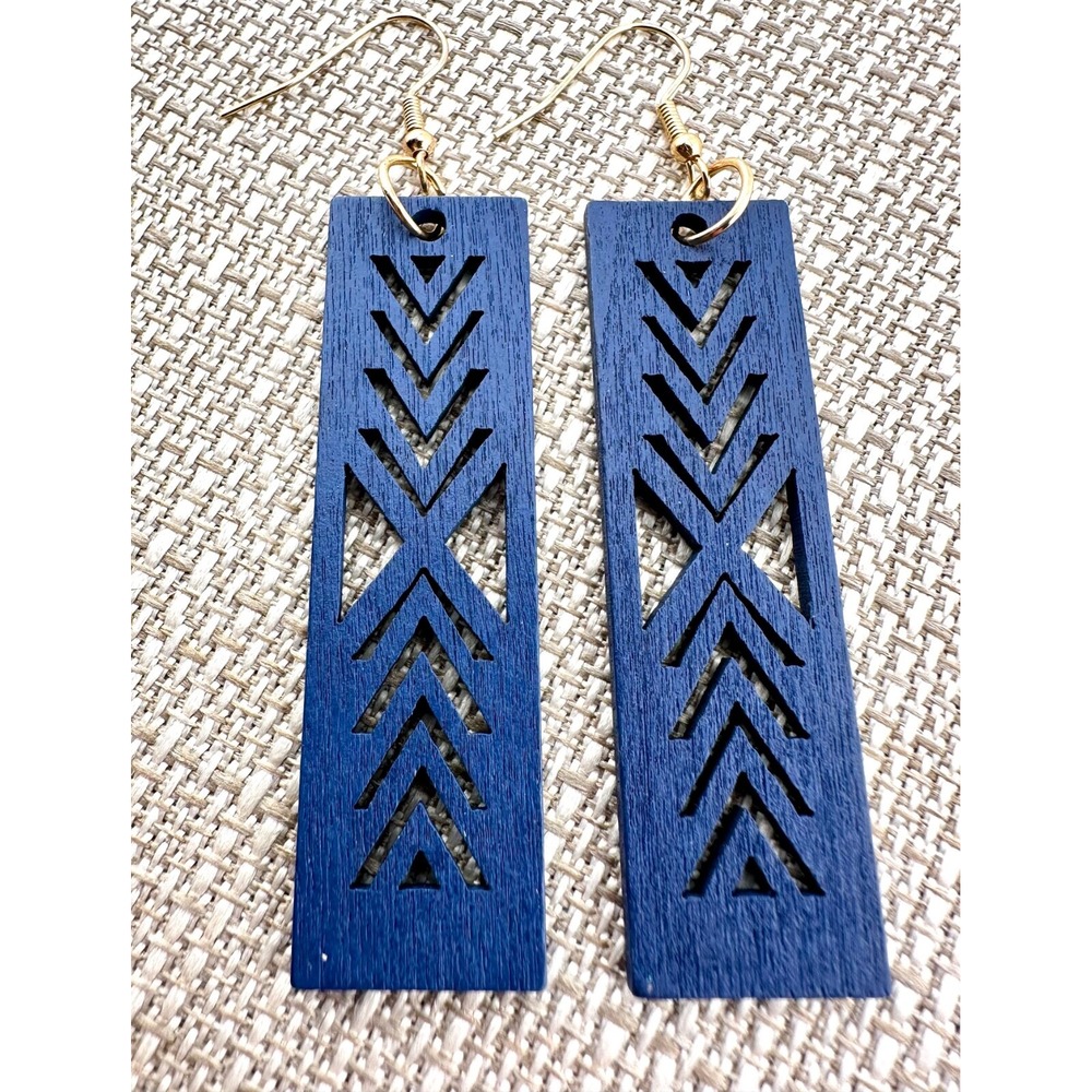 Navy Blue Arrow Laser Cut Wood Bar Earrings
